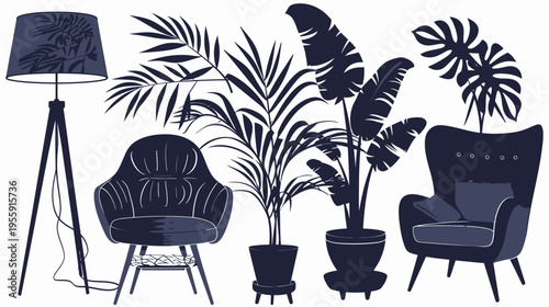 Graphic with stylized furniture and plants in shades of dark blue on a white background