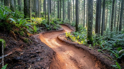 Winding forest trail for mountain biking with bathed in soft sunlight.