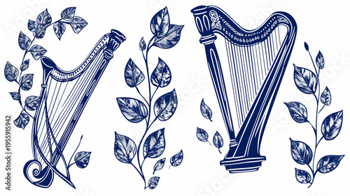 Two blue detailed harps surrounded by leafy branches, on a white background