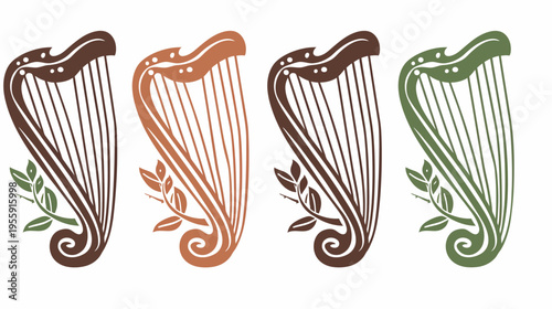 Four stylized harps, each in a different color, adorned with leafy branches