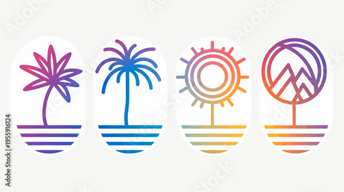 Four gradient icons on white. Palm trees, sun, & mountain range on horizon lines