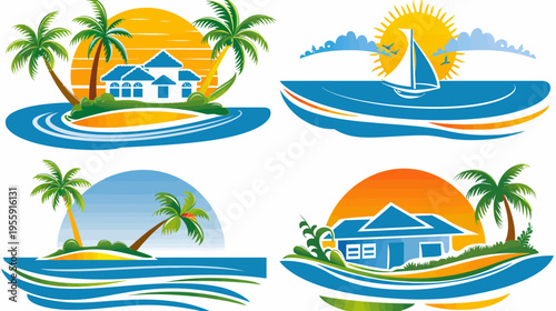 Set of four tropical island resort logos, stylized with houses, palms, sun and a sailboat