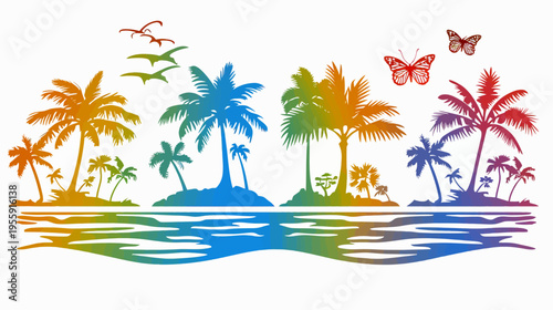 Colorful island silhouette illustration with palm trees, butterflies, and flying birds