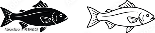 Fish Silhouette and Outline Vector Icon Set Vector