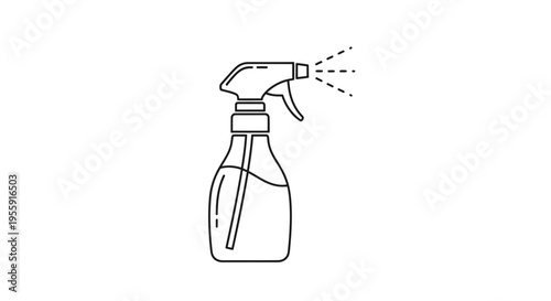 Spray bottle with liquid and spray mist, isolated on white, line art illustration
