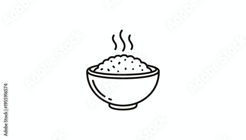 Steaming Bowl of Rice Icon: Healthy Food, Asian Cuisine, Simple Line Art