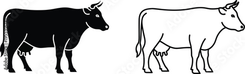 Cow Silhouette and Outline Vector Icons Set Vector