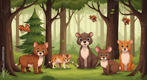 A charming illustration of a group of adorable cartoon cubs playing together in a lush green forest setting.