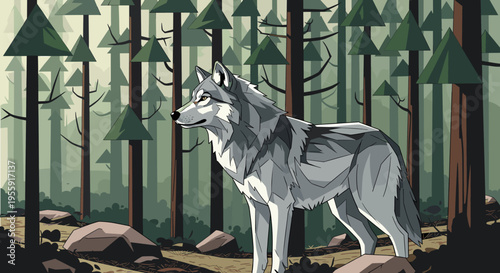 A majestic grey wolf stands alert in a dense, misty forest with tall pine trees and rocky terrain.