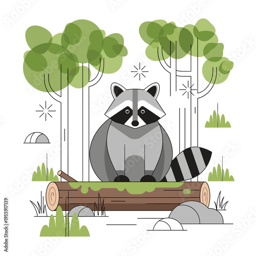 A charming illustration of a plump raccoon sitting on a fallen log in a stylized forest setting with abstract trees and grass.
