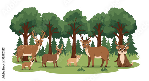 A charming illustration of a diverse deer family and a small fawn enjoying a lush green forest setting with tall trees.