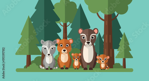 A charming illustration of a cartoon animal family, including deer and raccoons, standing together in a lush green forest with tall trees.