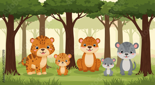 Cute cartoon jungle animals including tigers, otters, and mice standing happily in a lush green forest environment.