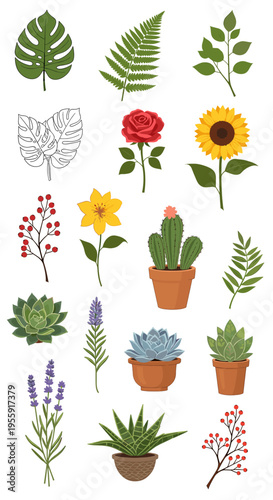 A vibrant collection of diverse botanical elements including tropical leaves, blooming flowers, potted succulents, and berry branches on a white background.