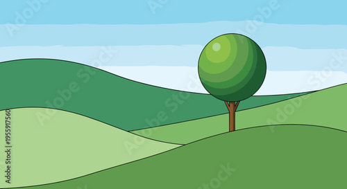 A simple, cartoon-style landscape featuring rolling green hills and a single round-canopy tree under a blue sky.