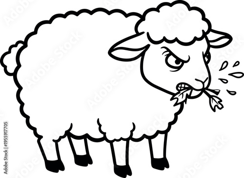 Cute Cartoon Sheep Spitting with Expressive Face on White Background