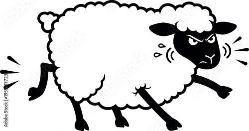 Angry Cartoon Sheep with Black Face and Woolly Body in Black and White Illustration