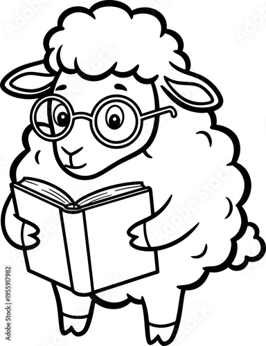 Cute Sheep Wearing Glasses Reading a Book in Black and White Cartoon Style