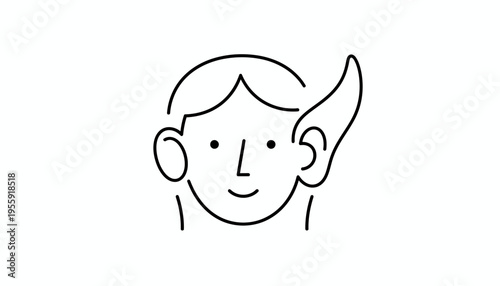 Minimalist line art of a smiling elf face with pointed ears and simple features.