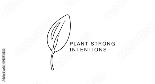 Minimalist line art of a single leaf with text "Plant Strong Intentions"