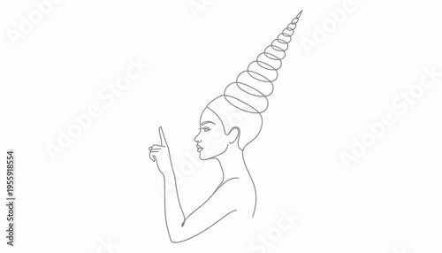 Minimalist line art of a woman with a unicorn horn hairstyle pointing up, symbolizing creativity and imagination.