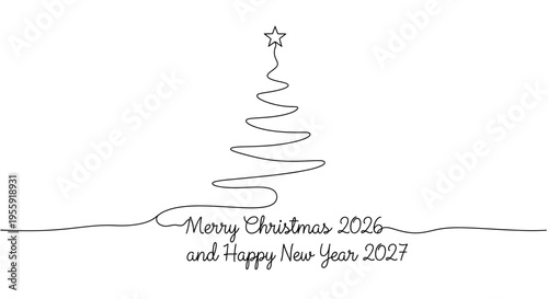 Minimalist Christmas Tree Line Art with New Year Greeting 2026-2027