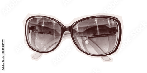 Halftone Sunglasses sticker grunge cutout vintage style mimicking torn out collage old photo. Vector Isolated Y2K pop art element Retro grain dotted texture transparent background. Grayscale scrapbook