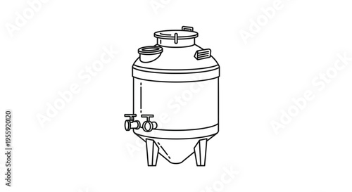 Industrial stainless steel tank with taps and lid, line drawing illustration