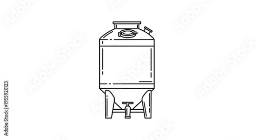Industrial stainless steel fermentation tank with valve, line art icon