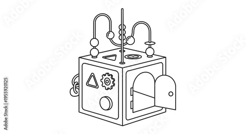 Interactive Activity Cube Toy for Toddlers, Educational Play, Developmental Skills, Line Art Illustration