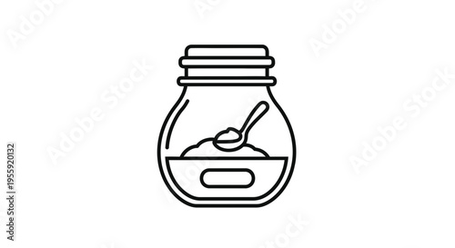 Jar of spices with spoon, simple line icon, isolated on white background.