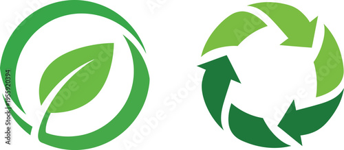 Green ecology cycle icons with plant leaves and rotating arrows