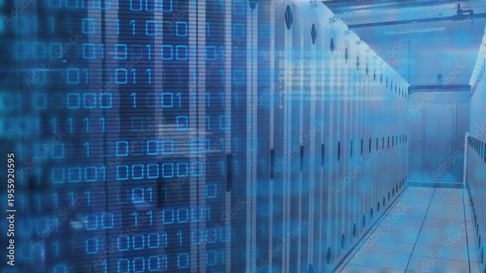 Camera moving forward revealing server racks aisle, closed door, binary ...