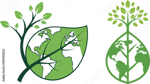 Leaf shaped world map with growing branches for forestry projects