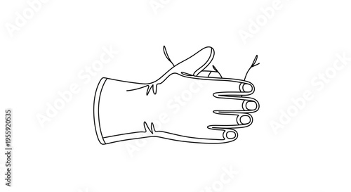 Hand wearing a glove, sewing needle and thread, close-up, isolated on white