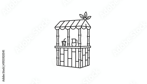 Hand-drawn illustration of a bamboo juice stand with drinks and leaves