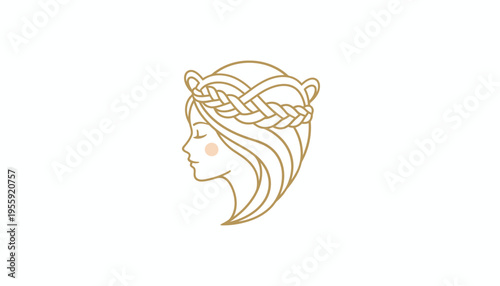 Elegant Woman Profile with Braided Hairstyle and Floral Wreath, Minimalist Gold Line Art