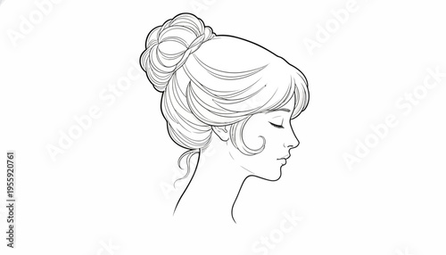 Elegant Woman Profile Sketch with Updo Hairstyle, Vintage Line Art Portrait