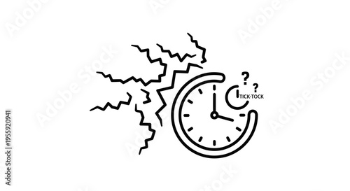 Cracked Clock Face with Question Marks and Sound Waves - Time Running Out Concept