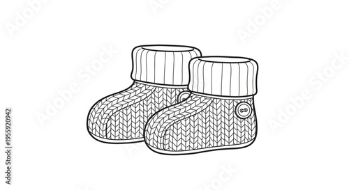 Cozy knitted baby booties, warm winter footwear, cute infant slippers, line art illustration