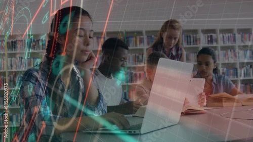 Students adjusting headphones, typing on laptop in library, neon HUD revealing education notes