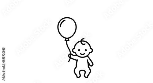 Cute Baby Holding a Balloon - Simple Line Art Illustration