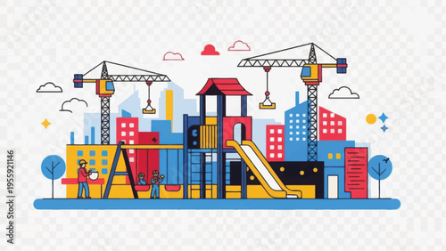 Colorful Urban Playground Development Illustration. Construction Cranes Building Safe Community Recreation Area in Cityscape.
