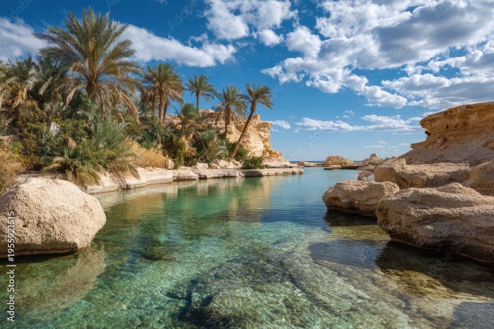Obraz premium Serene Oasis - Crystal Clear Waters and Lush Palm Trees.