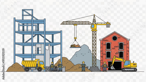 Construction Site Illustration: Building Development, Steel Frame Structure, Crane, Workers, and Heavy Machinery on Transparent Background.