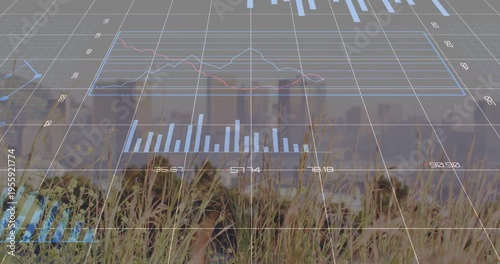 Vertical video: 3D tech HUD receiving feed and updating grid, bars, lines, ring over grass skyline