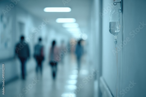 Blurred hospital hallway with people and IV drip.