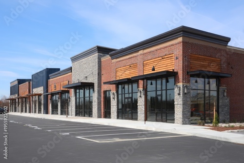 Modern Commercial Building Facade with Parking Lot and Blue Sky.
