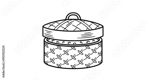 Bamboo Steamer Basket Icon, Traditional Asian Cooking Tool, Simple Line Art Illustration