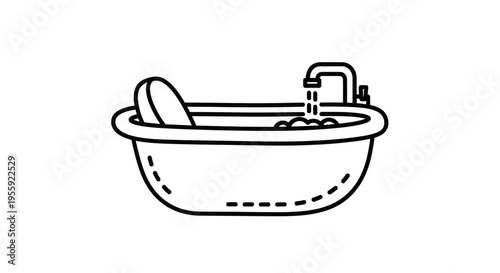 Bathtub with running water and bubbles, simple line art icon, clean and fresh concept